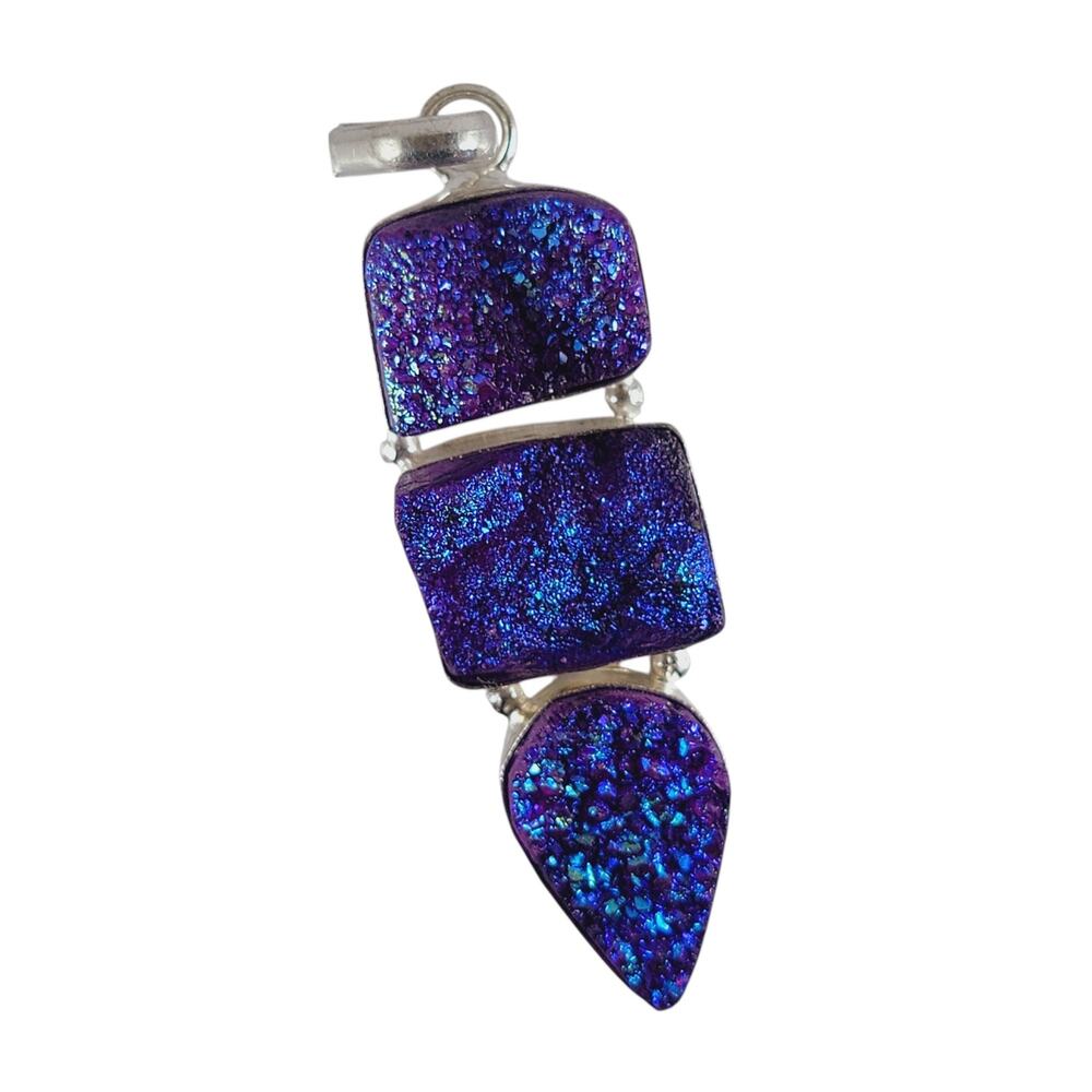 Purple Druzy Quartz Sterling Silver Pendant 2.5" Iridescent Triple Drop